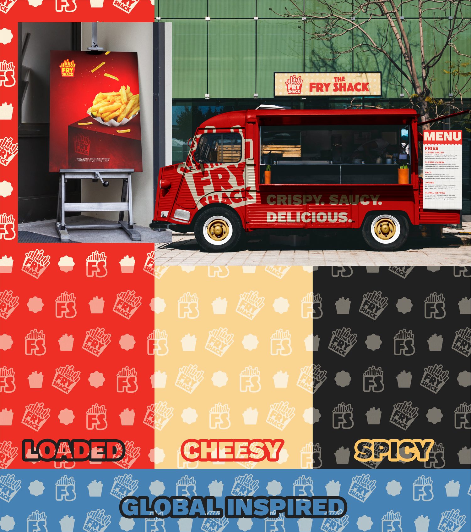 Fry Shack poster, food truck wrap and pattern system spread